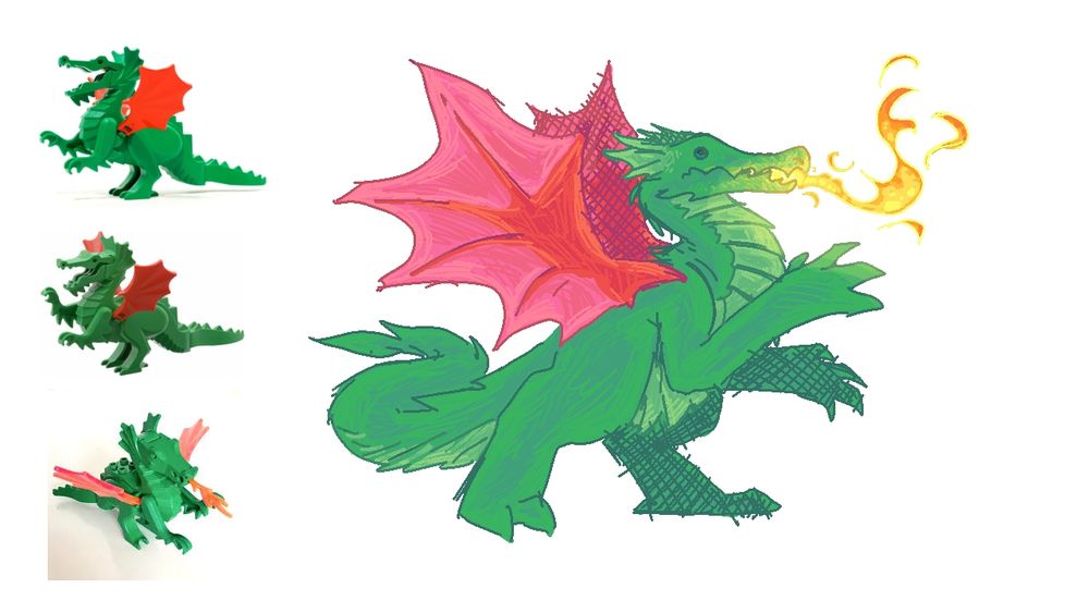 A drawing of the 1993 lego dragon as an actual, non-plastic dragon, posing dramatically and spitting fire. To the left are three photos of the lego dragon as reference.