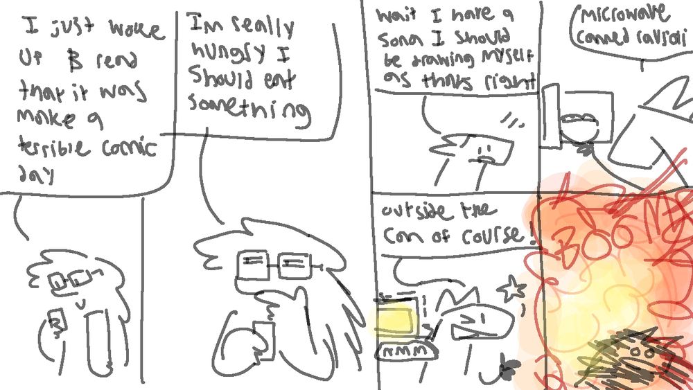 In the first panel I (person in long hair with glasses) am looking at phone and saying "I just woke up & read that it was make a terrible comic day". In the 2nd one i look skeptical and say "Im really hungry I should eat something". Then in 3 one i say "Wait I have a sona i should be drawing myself as thats right", and I'm suddenly my sona, a simple cartoony dragon. In the 4th panel I say Microwave canned ravioli" and put a bowl of ravioli in the microwave." In the 5th panel i look towards the camera saying "outside the can of course," while the microwave heats up in the background, and then in the last panel everything explodes.