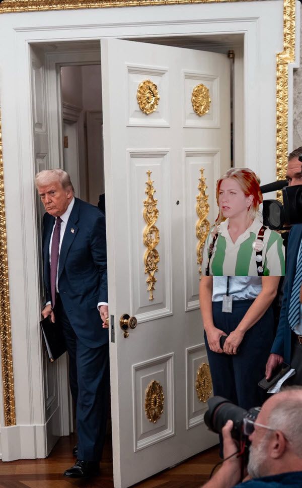 Parody of a news photo showing Trump entering the Oval Office through a door featuring half a dozen fake-gold decorations, with more good exuberance around the door casing.

In the news photo, a woman is standing just inside the door, which would strike her if it opened any further.

The woman's head and upper torso have been replaced by a poorly-edited photo of Joanna, a waitress in the movie Office Space. Joanna has just been reprimanded by her manager for not wearing enough "flair" on her uniform -- the collection of pins and badges that employees at the fictional Chotchkie's restaurant are required to wear.