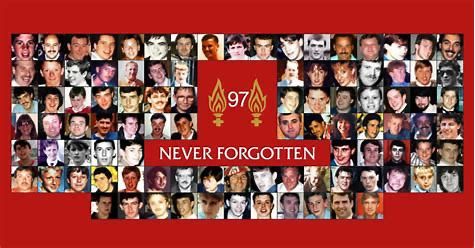 Picture of the 97 that lost their lives at the 1989 Hillsborough disaster. Never Forgotten. Justice for the 97
