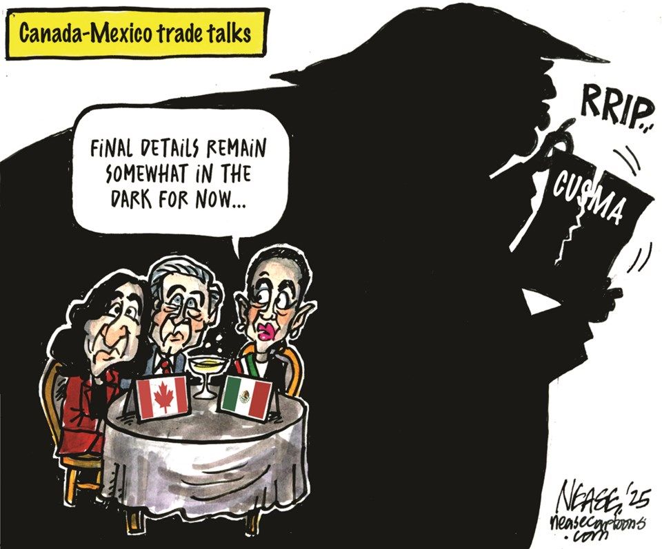 Entitled "Canada=Mexico trade talks..." Ministers Anand and Champagne sitting at a table decorated with Canada and Mexico flags beside Mexican President Claudia Sheinbaum who is saying, "Final details remain somewhat in the dark for now..." while all three are in the oversized shadow of POTUS tearing up a paper labeled CUSMA.