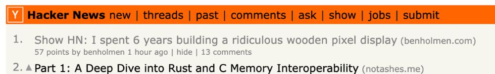 Screenshot of hacker news with Ben's article, "Show HN: I spent 6 years building a ridiculous wooden pixel display" at number 1