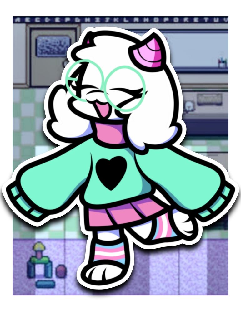Ralsei's Light World design, wearing a green sweater and a pink skirt, as well as leg warmers with the trans pride flag colors.