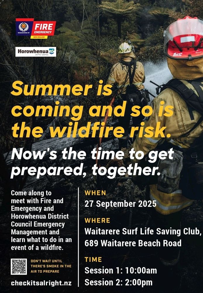 Wildfire Community Info Session held at the Waitarere Surf Life Saving Club (689 Waitarere Beach Road, Waitarere) on September 27th, at 10am and 2pm.