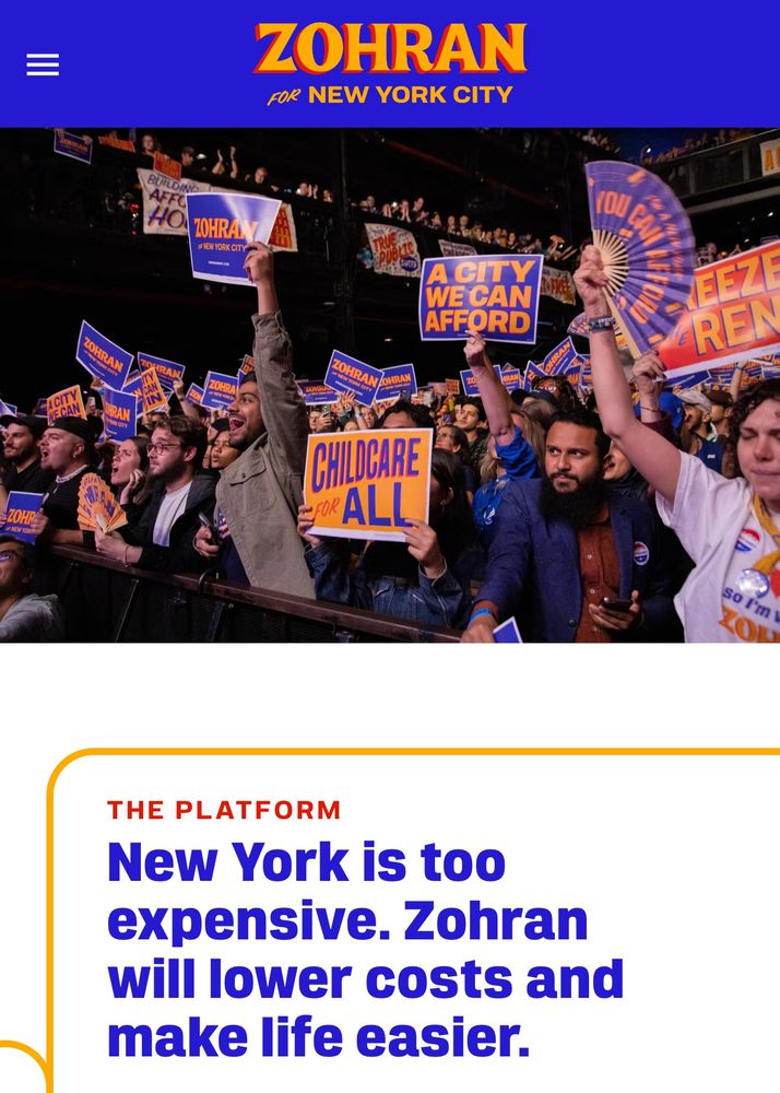 Zohran Mamdani’s website highlighting his platform: “New York is too expensive. Zohran will lower costs and make life easier.”