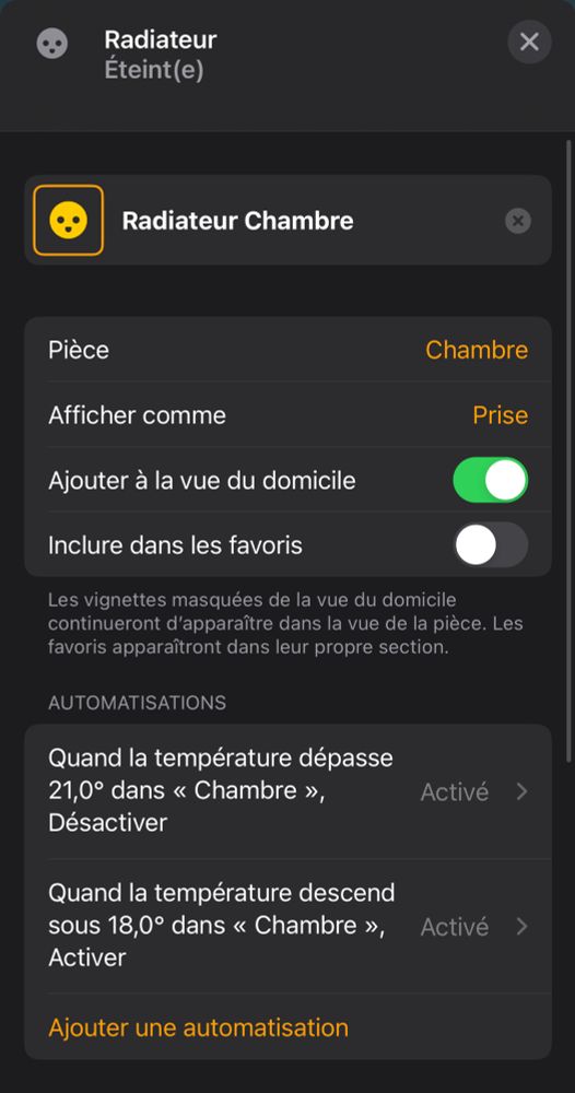 Capture d’écran de la configuration d’une prise connectée pour un radiateur