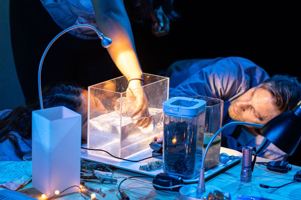 A group of people around a low table in a studio theatre with candles cups and live streamed video being created using natural elements such as lichen and water.