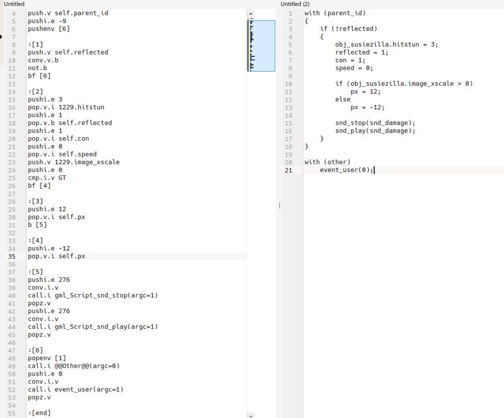 a screenshot of a text editor in split mode, on the left panel is game maker bytecode (something that looks similar to things like assembly), on the right is that same bytecode but hand translated to readable gml (game maker language)