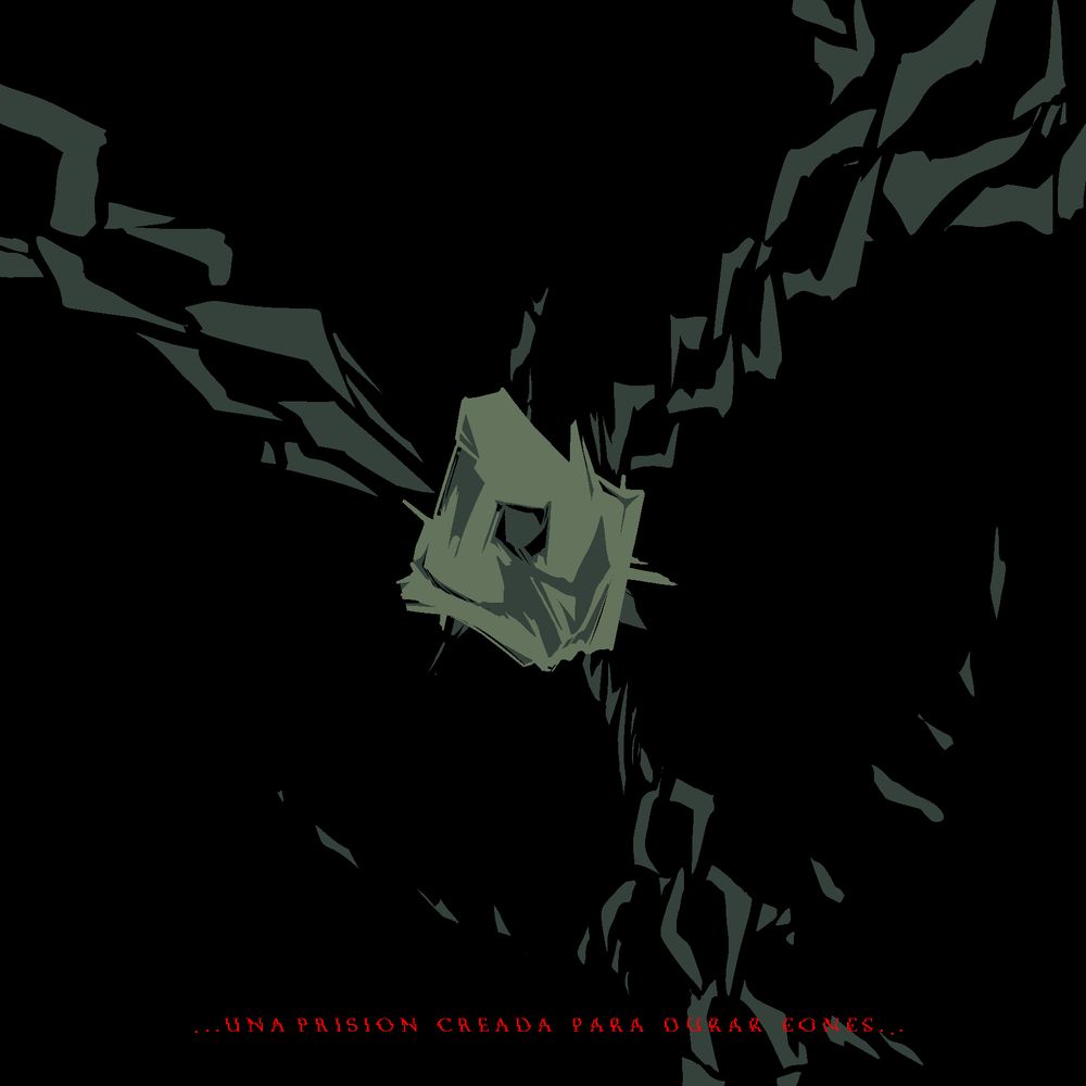 A solid cage is suspended by three chains in a dark void.