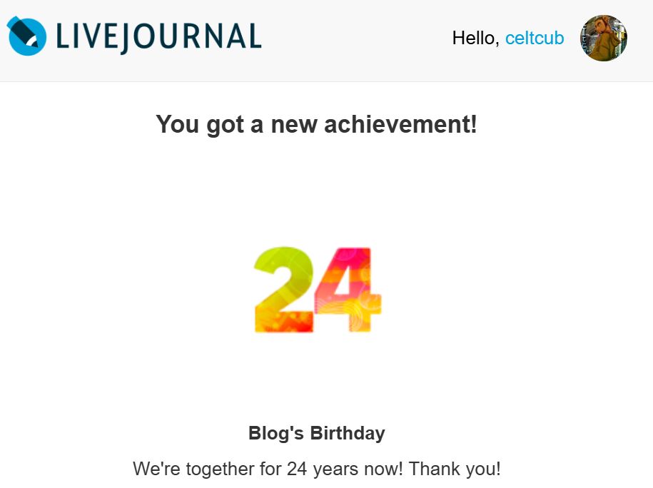 A celebratory message from the blog site Live Journal, congratulating me on 24 years together. That's literally how long my husband and I have been together. He read my LJ before deciding to ask me out. 