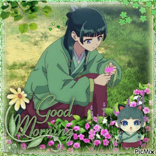 a picture of a girl holding a flower with the words good morning written on the bottom