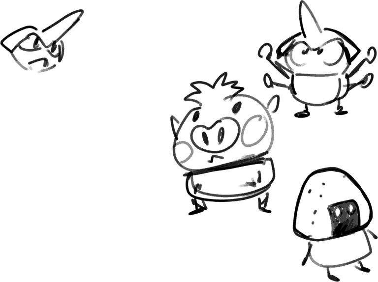 character design sketches, various tiny "cute" designs. a pig-like humanoid, a horned beetle, and an onigiri-headed creature, all tiny with little limbs.