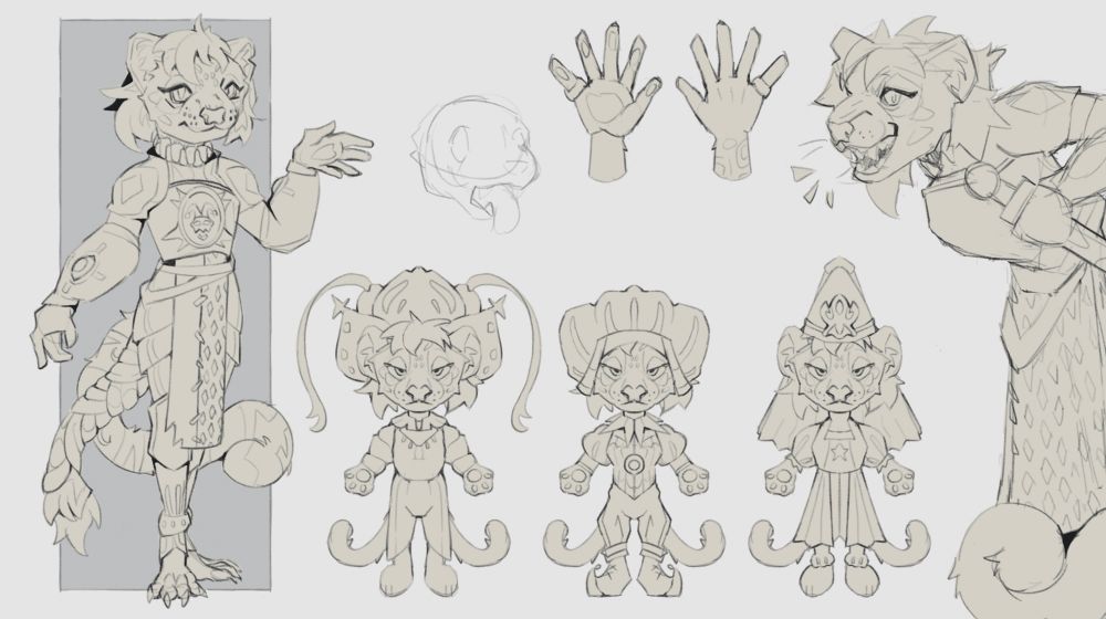 Almost completed sketch page of a beloved character of mine - trying to find time to write the world building behind her! Cat creature / character design using the Procreate app - sketchy mess!
