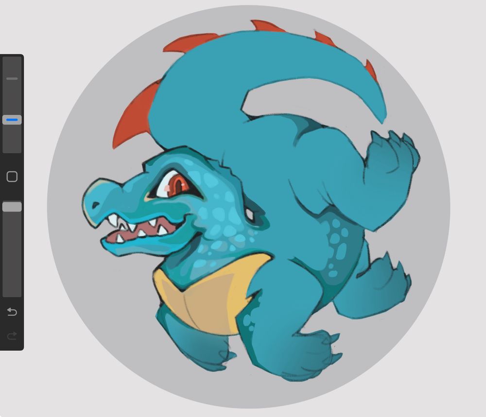 Blue aquatic crocodile called Totodile that is from the Pokemon series! My favourite Pokemon sketched out as a fun badge design!