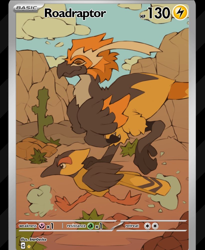 Roadraptor card design for a Pokemon fan made game called Pokemon Untamed! Desert theming with a mother watching her chick run for the first time!
