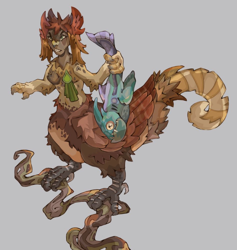 Harpy mother holding a fish she has hunted for her starving chicks! Part of a competition to design a boss concept! Concept art in a full rendered style!