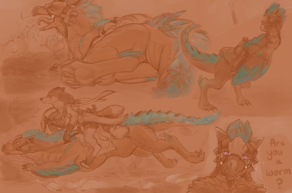 Assortment of scenes featuring Membrilla, the seikret! He's a very lazy boy at 12 o' clock, yawning in the Kunafa village nest along with the nuggets. At 2 o' clock he stands, fussing & attentive at the outskirts of some conflict, vigilant & troubled as he often is, ready at any moment to intervene. At 5 o' clock he's looking right down the plumage of his neck in a POV shot, head on staring at the fourth wall with sparkles in his eyes, supposing that you are for him. "Are you a worm?" a speech bubble beside implicates. At last, 7 o' clock, Membrila breaks into a sprint on all fours, with Leon Claus (he/them), the anthro red fox, tilting forward in his stirrups & joining him in the carving wind with his reigns in-paw, turning.