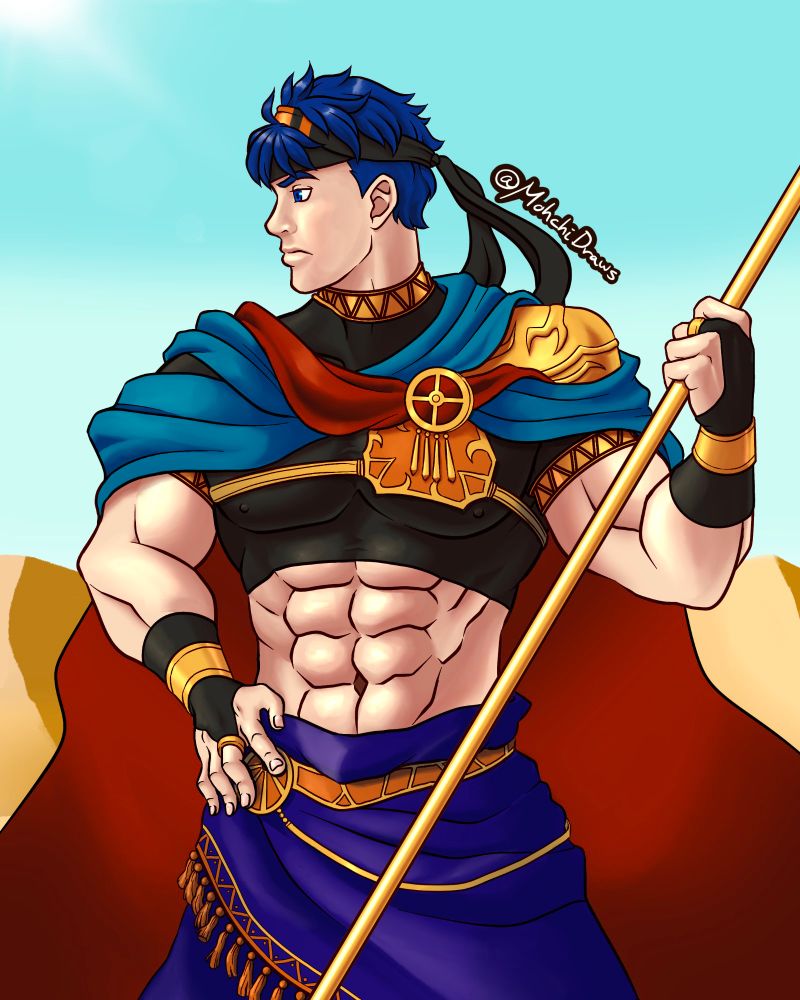 #fanart of Ike from Fire Emblem Radiant Dawn. He is wearing a desert themed outfit with flowing clothes and an exposed midriff
#feh #fireemblem #FEIke #FEHIke #bara #baraart