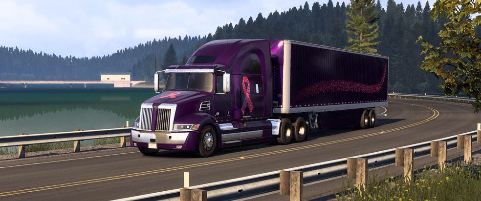 in-game photo-mode screenshot purple truck with pink ribbon made of tiny hearts on side and on nose.