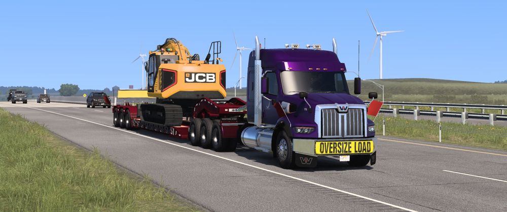 In-game photomode screenshot  of 49X truck painted violet, trailer painted red hauling JCB 245XR through Iowa countryside with windmills in background.