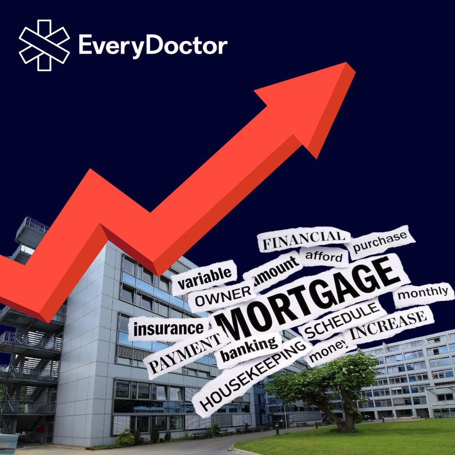 A hospital with a red zig zag arrow and loads of words relating to a mortgage representing how PFI's increase the cost of the hospital over time like a mortgage