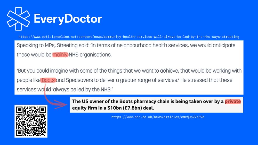 A graphic with a quote from an article saying "Speaking to MPs, Streeting said: 'In terms of neighbourhood health services, we would anticipate these would be mainly NHS organisations. But you could imagine with some of the things that we want to achieve, that would be working with people like Boots and Specsavers to deliver a greater range of services.' He stressed that these services would 'always be led by the NHS'. 