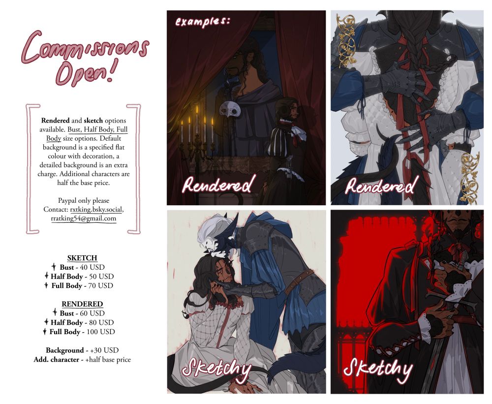 Page of commission details, examples and prices