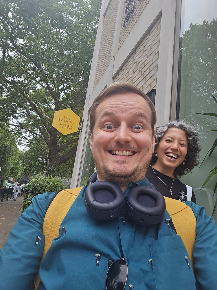 Anthony and Elena outside the https://www.thebeehivelondon.co.uk/ in Bethnal Green.