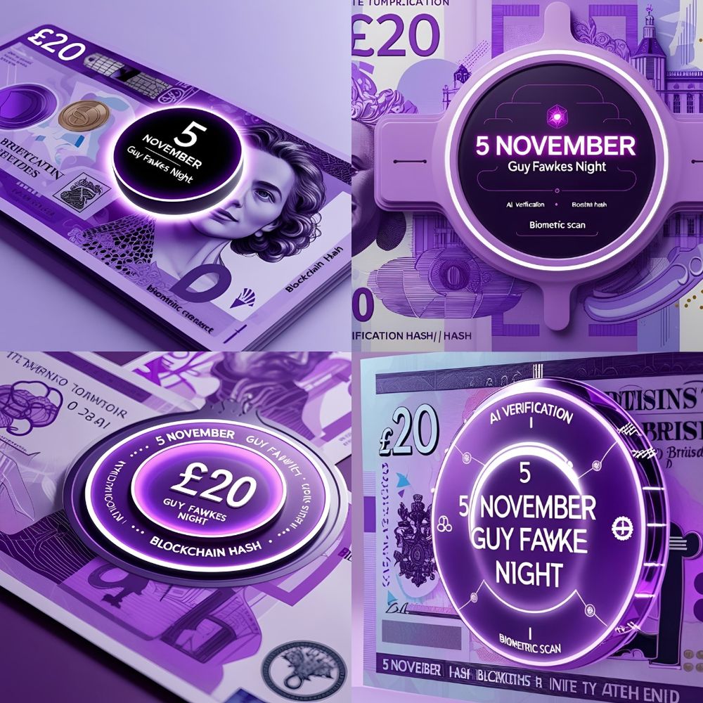 Collage of futuristic British £20 banknote designs in purple tones. Each banknote features a glowing circular AR zone displaying “5 November, Guy Fawkes Night.” Text around the circles highlights security features like AI verification, blockchain hash, biometric scan, and instant authentication. The designs merge traditional banknote elements with high-tech, modern graphics.