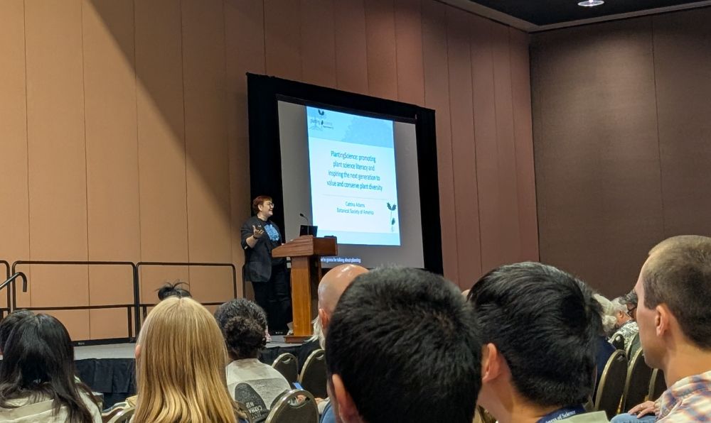 Dr. Catrina Adams speaking during the plenary of Botany 2025 in Palm Springs, California.