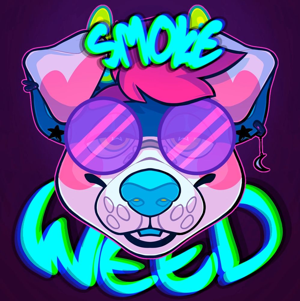 Symmetrical shaded headshot of a white, blue and pink dog wearing large, purple shades; above and bellow read the words “SMOKE WEED” in bright blue, with chromatic aberration effect.