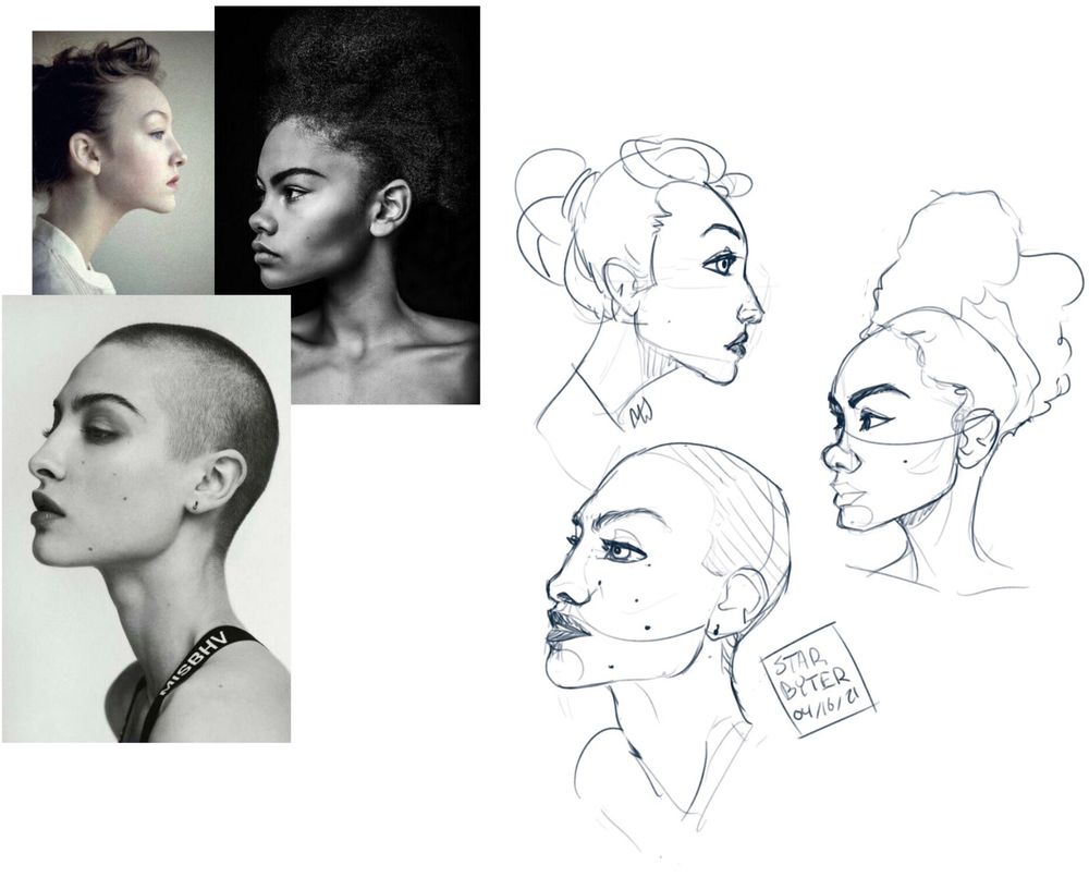 Sketch page of female portrait studies, featuring three sketches and the reference images on the left.