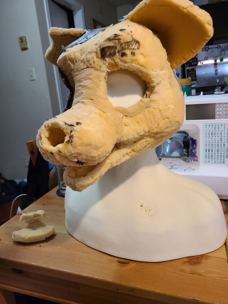 Photo os the same mannequin, but now with a canine fursuit foam head base