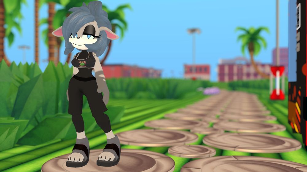A 3D image of a Sonic fan character. A sheep with grey fur, blue eyes and hair. With a Green Hill Zone inspired backdrop.