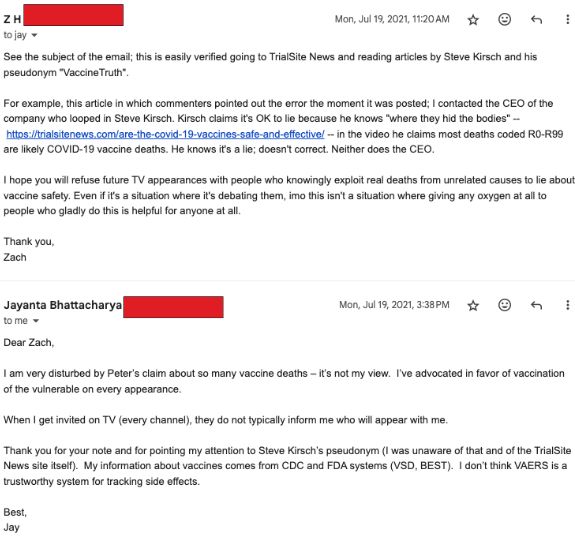 email exchange between myself and jay bhattacharya from July 2021