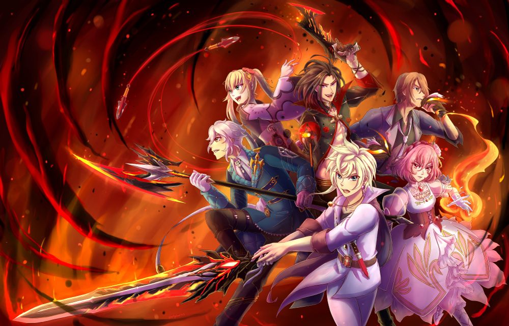 The Tales of Crestoria main party members with their blood sins drawn, Kanata leading the charge while the flames and mana dance around them. In keeping with Crestoria's theming, maybe they are the real 'monsters' all along. 
