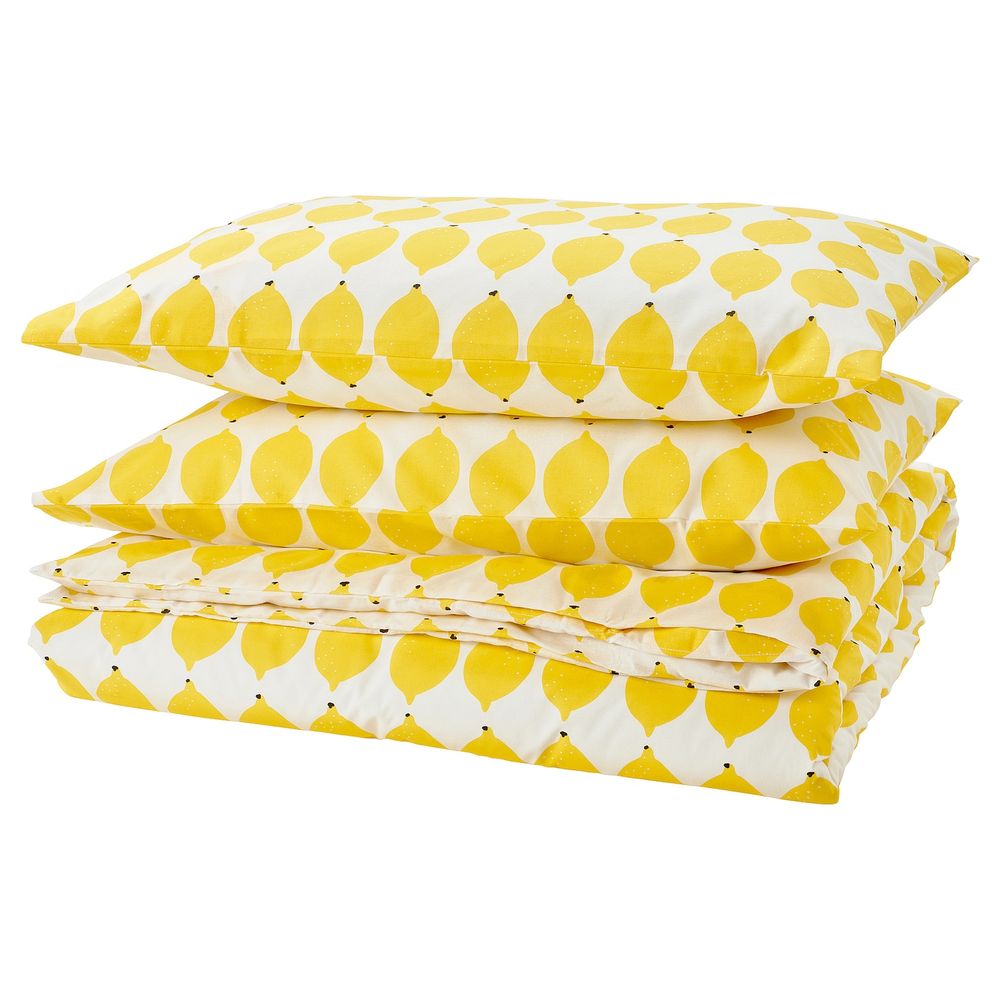 NORSKNOPPA duvet cover and pillowcase(s), white/yellow/patterned, Full/Queen (Double/Queen) - IKEA