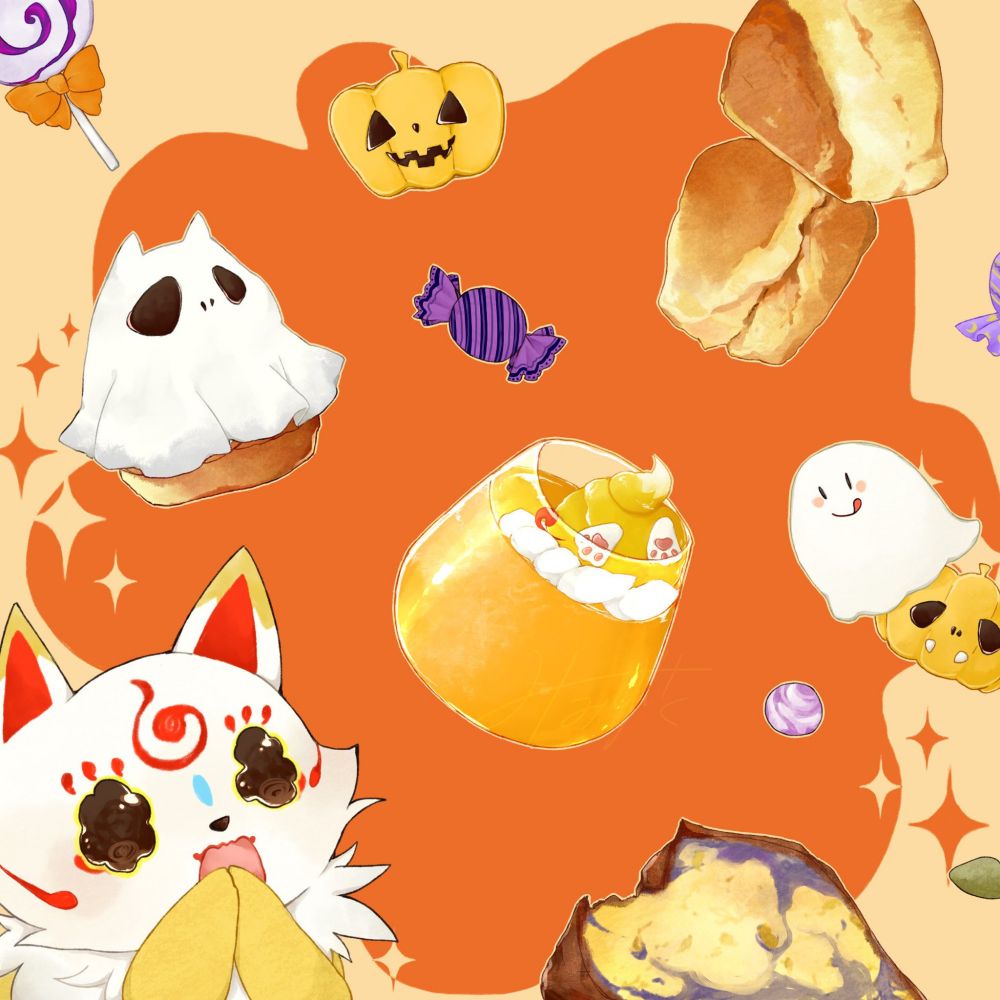 ゲーム刀剣乱舞のかぼちゃ大作戦にて、こんのすけが食べたがっていたおやつとこんのすけのイラスト