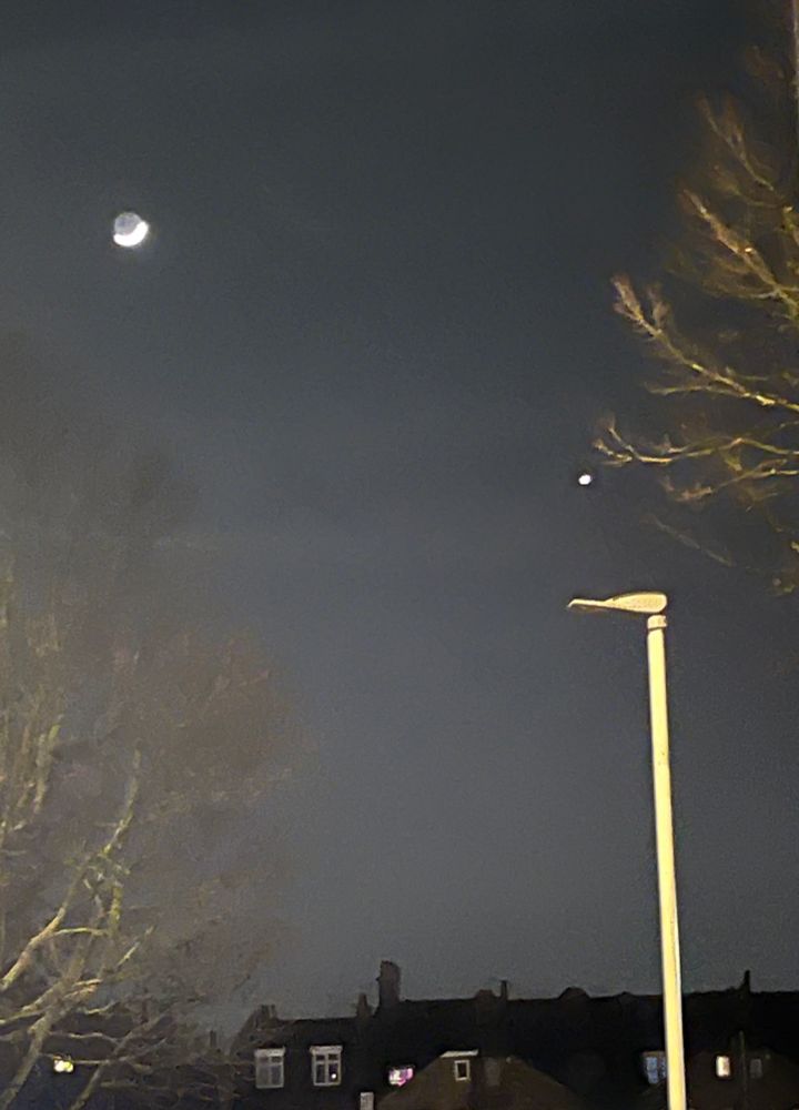 The moon top left and Venus mid-top right in a clear night sky. The photo is taken above a Victorian terrace in east London and there are trees visible each side plus a lamppost beneath Venus. 