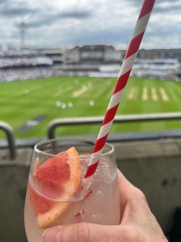 A  hand holds a cocktail with a pink grapefruit garnish and a red and white striped straw overlooking a cricket pitch and pavilion. 
