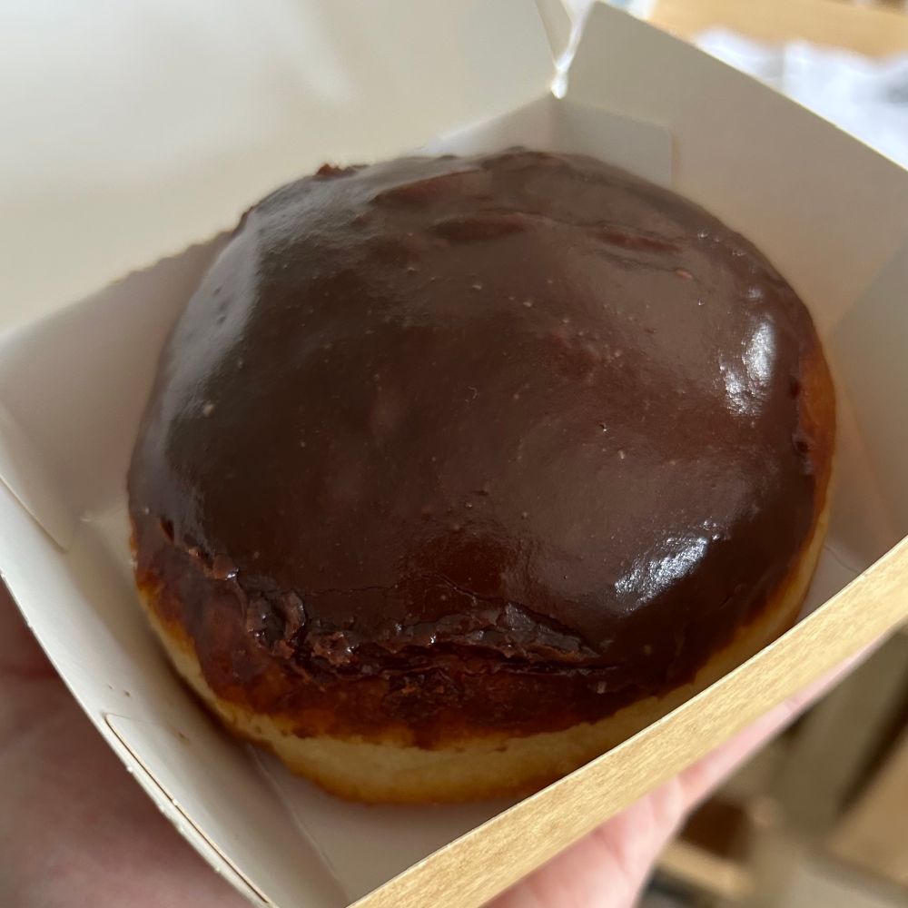 Chocolate covered doughnut in a box