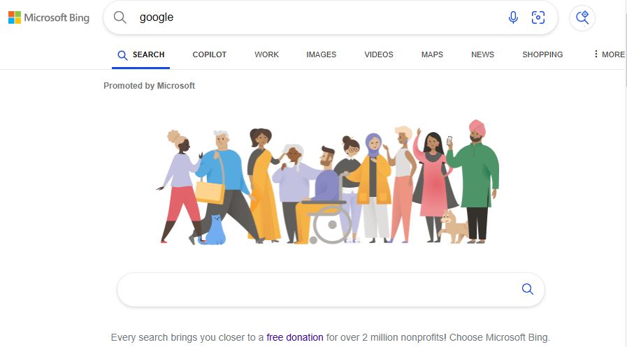 Microsoft Bing search for "google" shows a search bar and art reminiscent of Google.com.