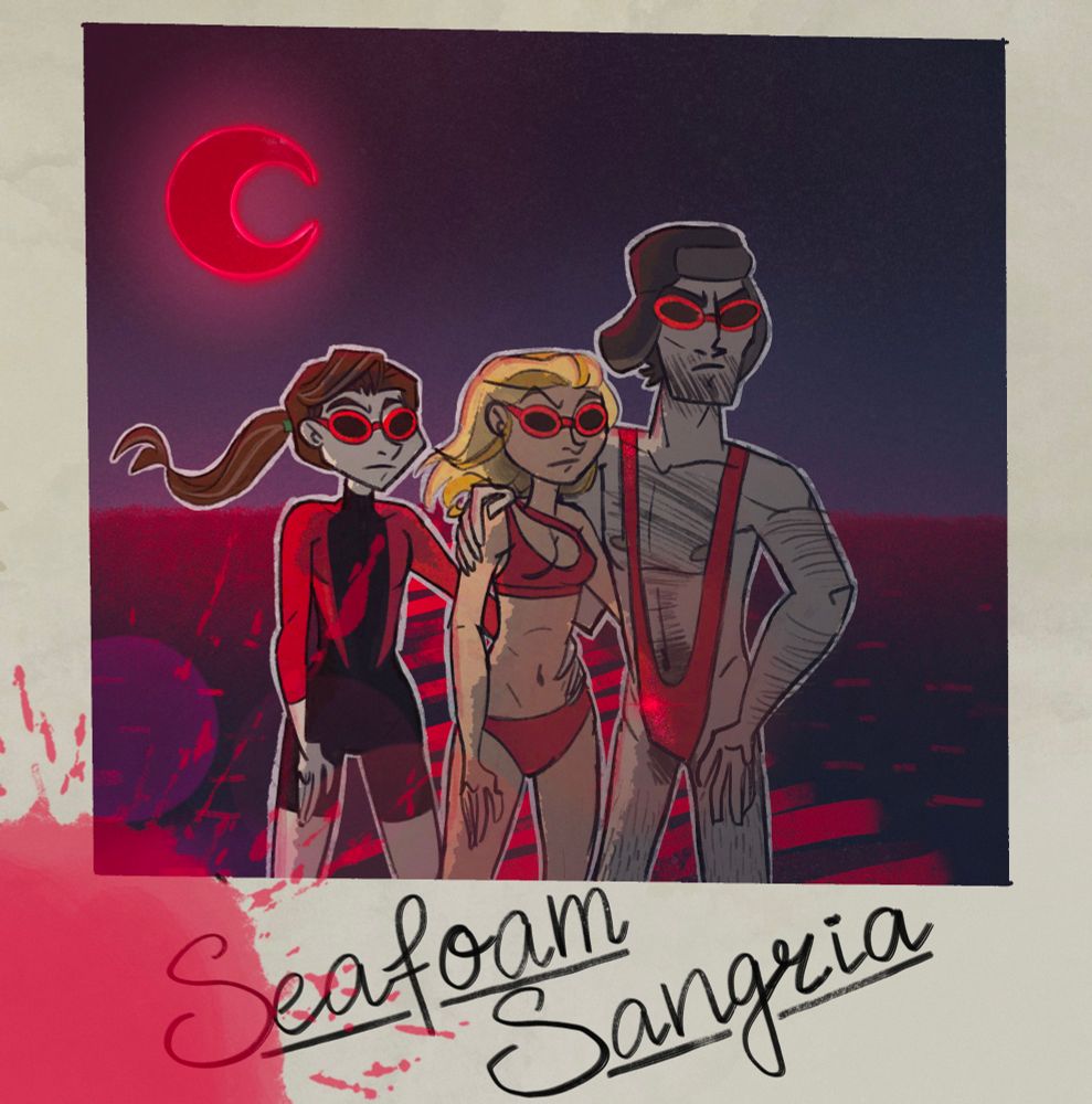 A Tremere, Tzimisce and Lasombra in bathing suits at the beach at midnight, staring into the distance. 