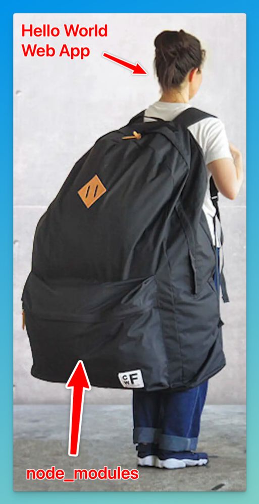 A person with a huge backpack as a joke showing how big node_modules can get