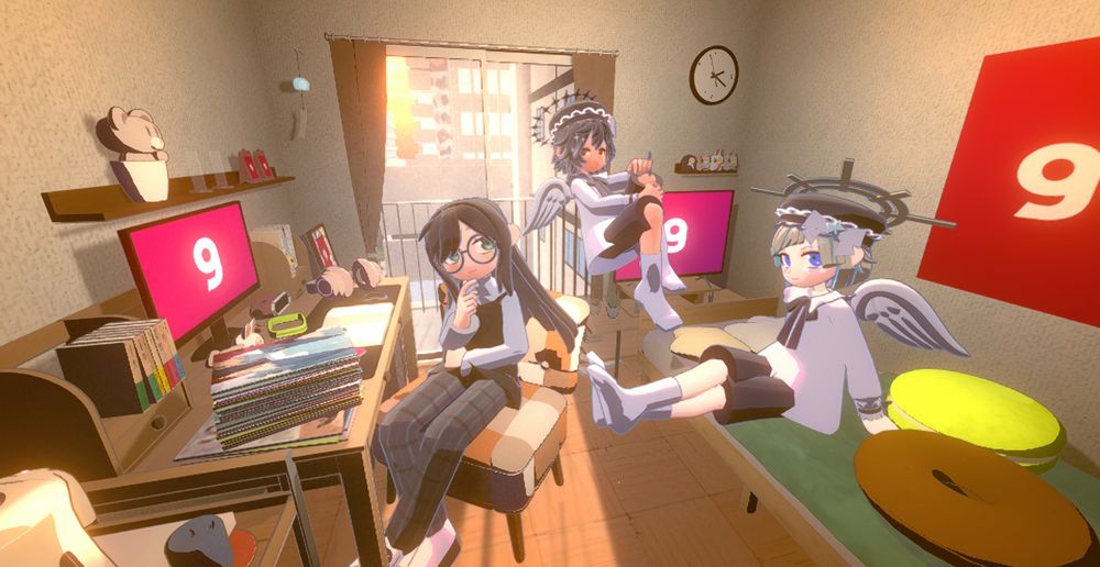 創作キャラをイメージしたアバター3人が生活感のあるお部屋でくつろぐ様子。
黒髪眼鏡の女の子が椅子に座って何か考え事をしている。金髪の妖精さんがベッドに座っている。黒髪の妖精さんは宙に浮かんで足を組んでいる。