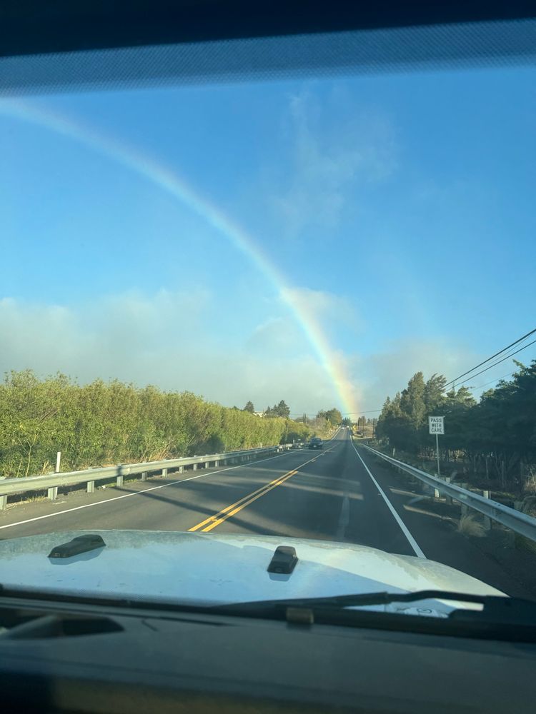 A vivid rainbow ahead as we drive down a two lane road on Hawaii Island. 
