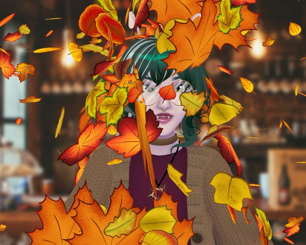 A screenshot of a 3D Vtuber surrounded by autumn leaves that are falling on them. 2D leaves are fluttering in the background.