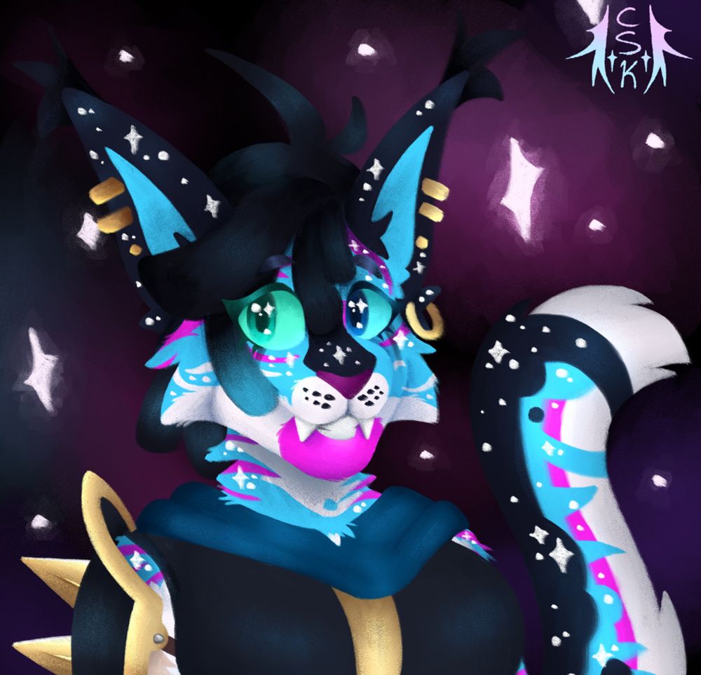 A Khajiit with dark blues, light blues, and pink hues wearing dark blue clothing and a spiked armour pad on their right arm/shoulder. They have heterochromia eyes(left is blue, right is green). They have gold piercings and white sparkles all over their body. The background is a simple galaxy. They are looking towards the viewer with a small smile.