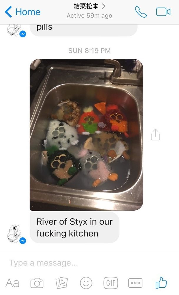A picture of the skin of furbies soaking in fabric softener in the sink with the text "River of Styx in our fucking kitchen"
