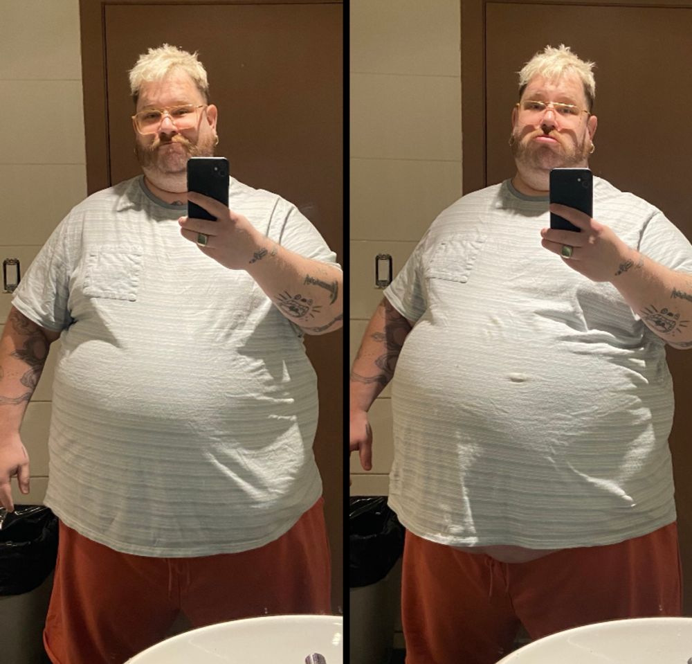 A before and after comparison of a large man who has eaten well between photos. 